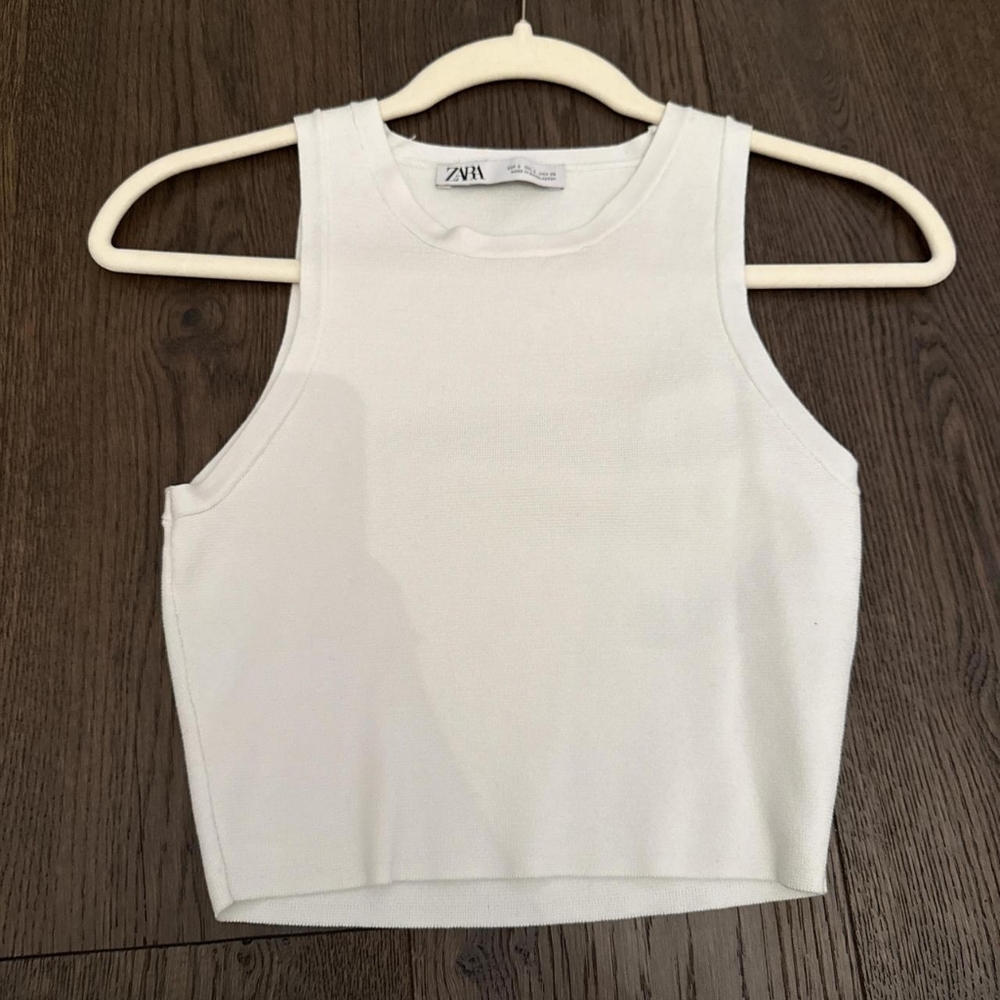 Zara Cream Ribbed High-Neck Crop Tank